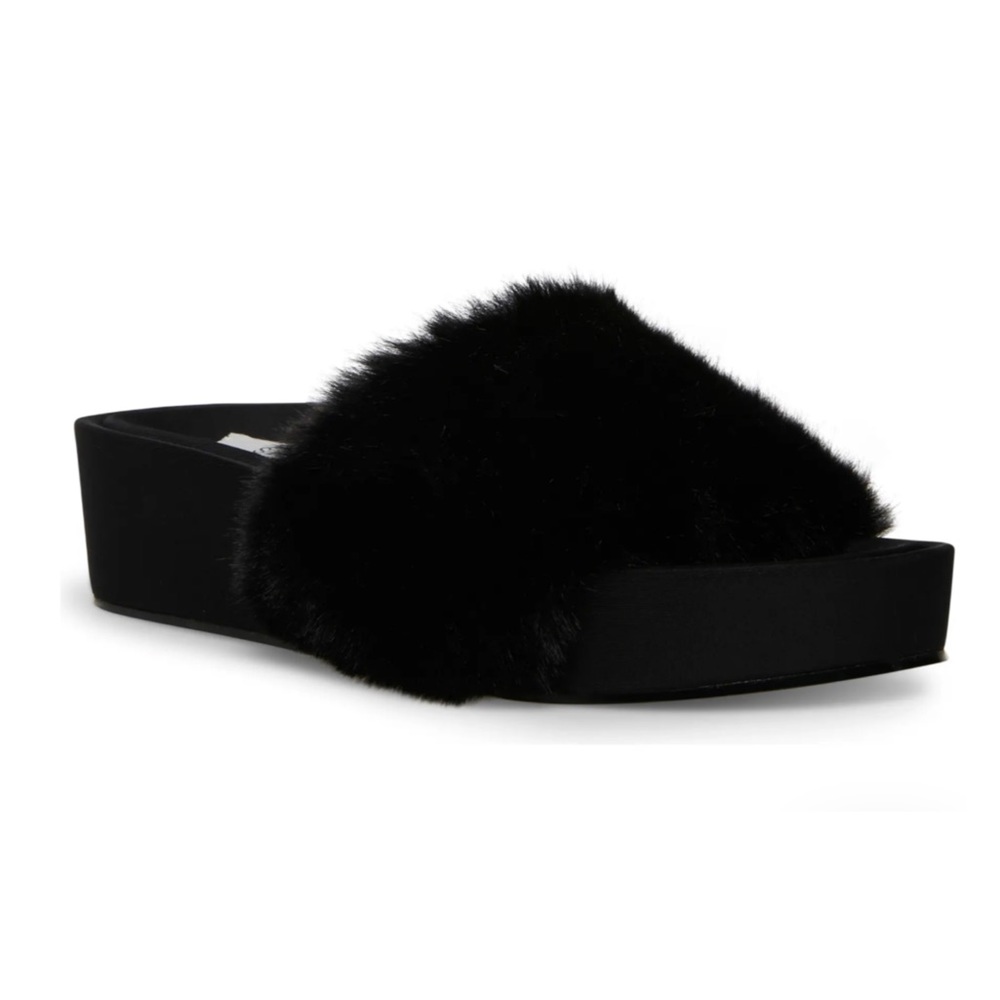 Steven New York 8 Randela Faux Fur Platform Slides in Black Fabric Lined Sock